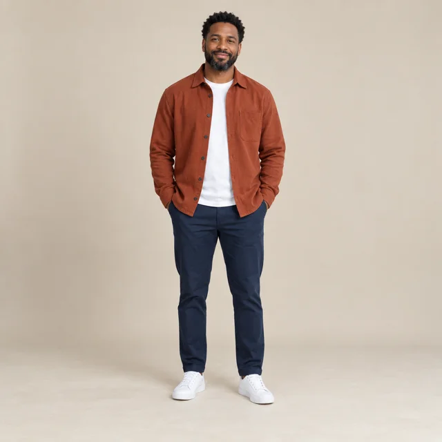 Clear full-length posture showing clean silhouette from head to shoes