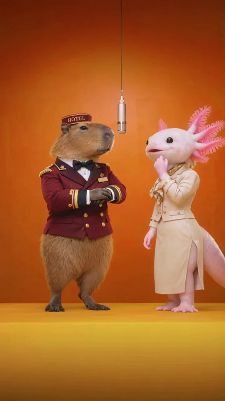 First frame of the Hotel Lobby duet with a capybara and axolotl